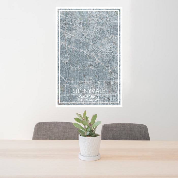 24x36 Sunnyvale California Map Print Portrait Orientation in Afternoon Style Behind 2 Chairs Table and Potted Plant