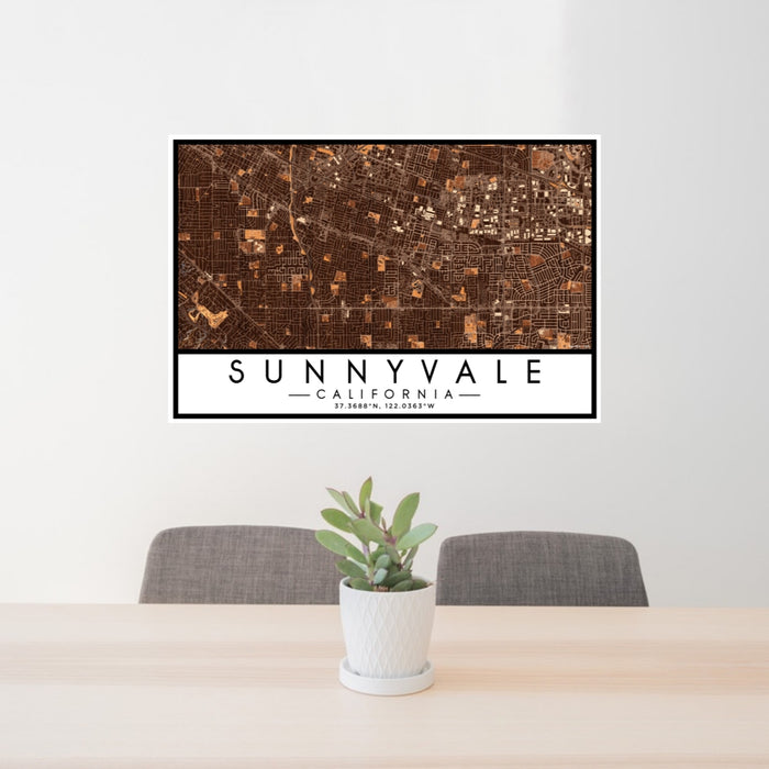 24x36 Sunnyvale California Map Print Lanscape Orientation in Ember Style Behind 2 Chairs Table and Potted Plant