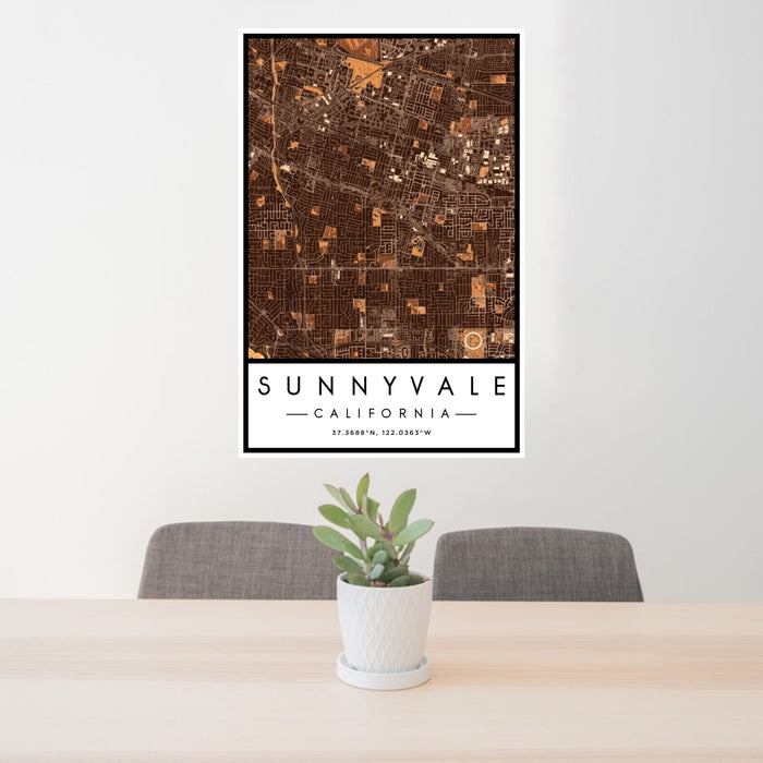 24x36 Sunnyvale California Map Print Portrait Orientation in Ember Style Behind 2 Chairs Table and Potted Plant