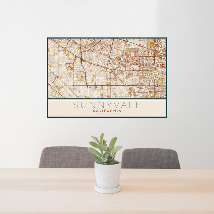 24x36 Sunnyvale California Map Print Lanscape Orientation in Woodblock Style Behind 2 Chairs Table and Potted Plant