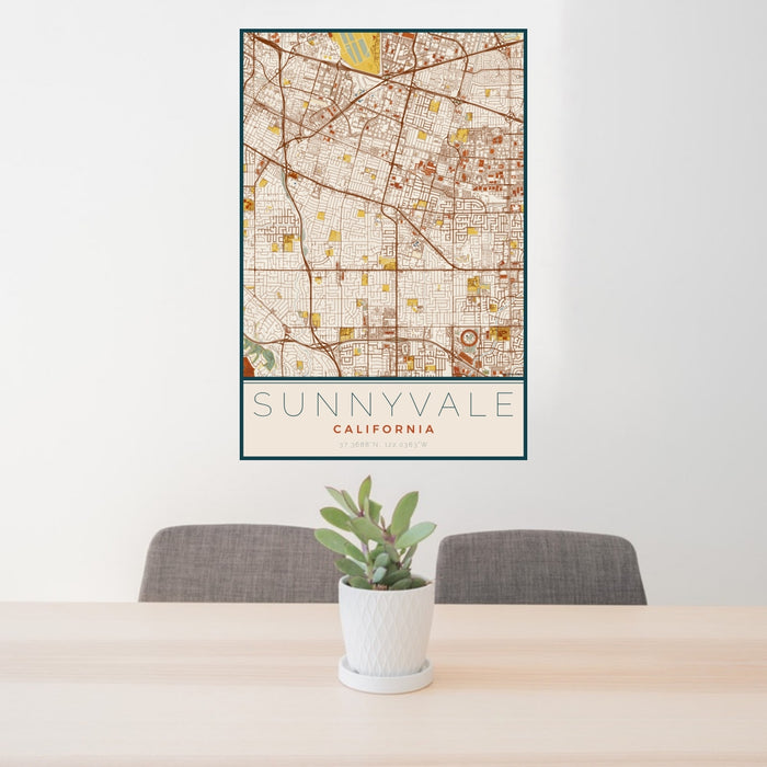 24x36 Sunnyvale California Map Print Portrait Orientation in Woodblock Style Behind 2 Chairs Table and Potted Plant