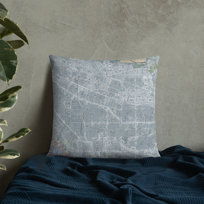 Custom Sunnyvale California Map Throw Pillow in Afternoon on Bedding Against Wall