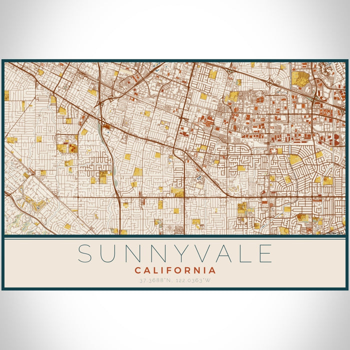 Sunnyvale California Map Print Landscape Orientation in Woodblock Style With Shaded Background