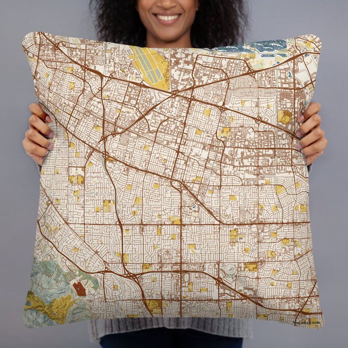 Person holding 22x22 Custom Sunnyvale California Map Throw Pillow in Woodblock