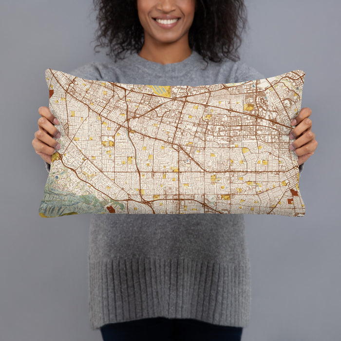 Person holding 20x12 Custom Sunnyvale California Map Throw Pillow in Woodblock