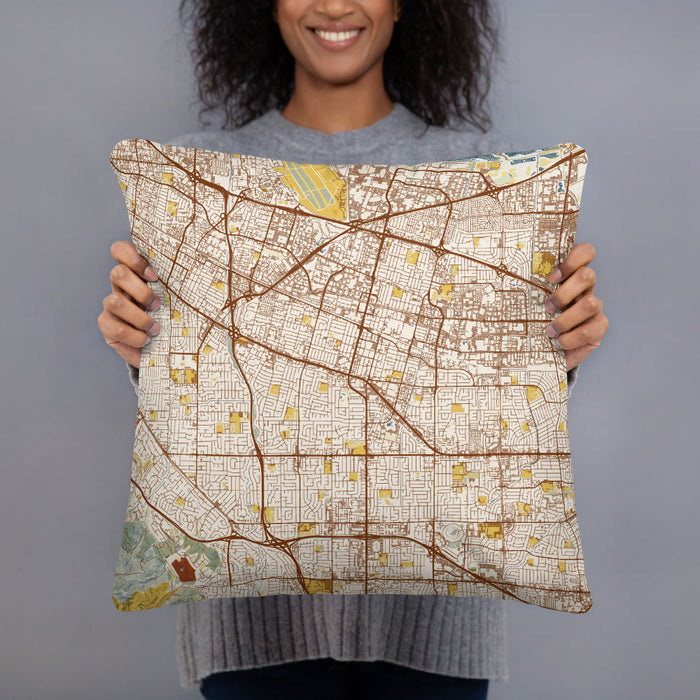 Person holding 18x18 Custom Sunnyvale California Map Throw Pillow in Woodblock