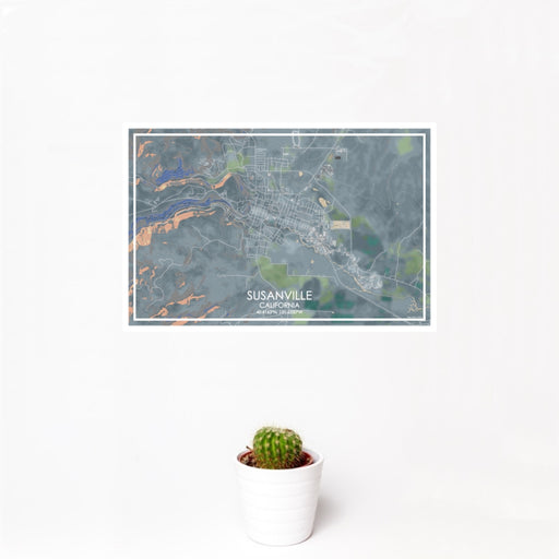 12x18 Susanville California Map Print Landscape Orientation in Afternoon Style With Small Cactus Plant in White Planter