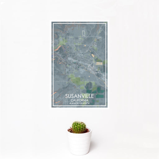 12x18 Susanville California Map Print Portrait Orientation in Afternoon Style With Small Cactus Plant in White Planter