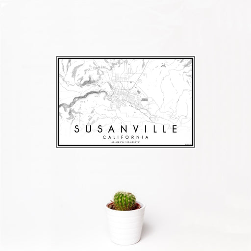12x18 Susanville California Map Print Landscape Orientation in Classic Style With Small Cactus Plant in White Planter