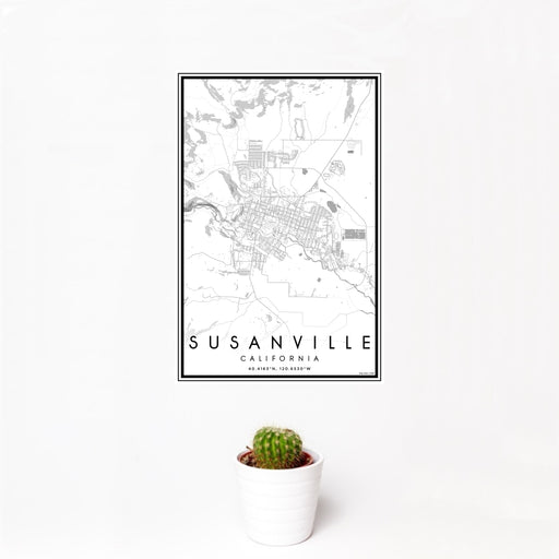 12x18 Susanville California Map Print Portrait Orientation in Classic Style With Small Cactus Plant in White Planter