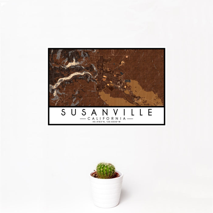 12x18 Susanville California Map Print Landscape Orientation in Ember Style With Small Cactus Plant in White Planter