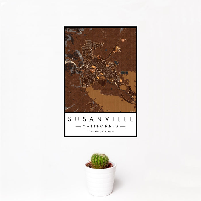 12x18 Susanville California Map Print Portrait Orientation in Ember Style With Small Cactus Plant in White Planter