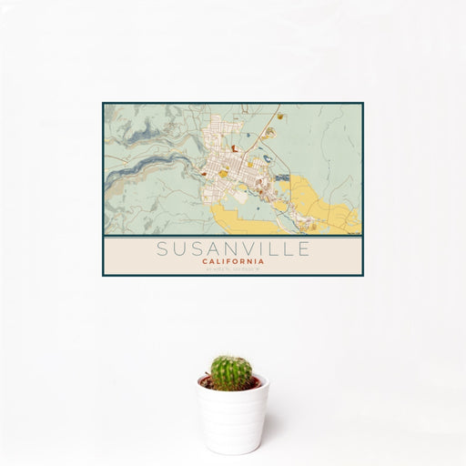 12x18 Susanville California Map Print Landscape Orientation in Woodblock Style With Small Cactus Plant in White Planter
