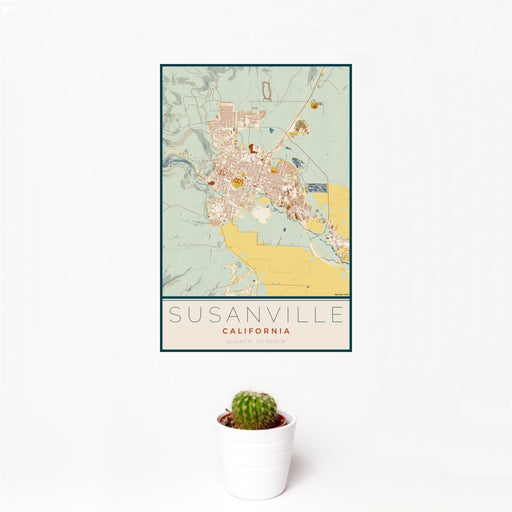 12x18 Susanville California Map Print Portrait Orientation in Woodblock Style With Small Cactus Plant in White Planter
