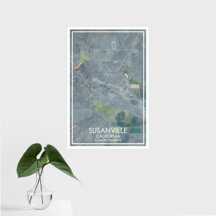 16x24 Susanville California Map Print Portrait Orientation in Afternoon Style With Tropical Plant Leaves in Water