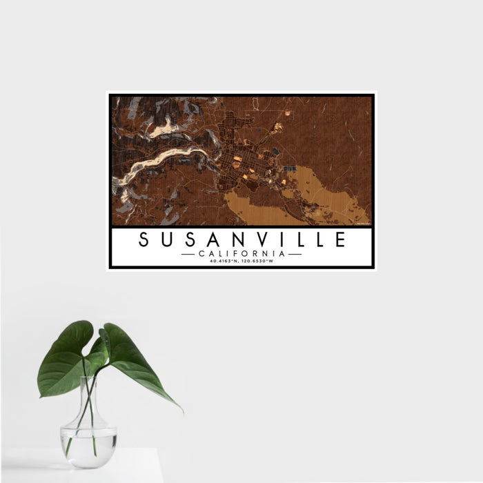 16x24 Susanville California Map Print Landscape Orientation in Ember Style With Tropical Plant Leaves in Water