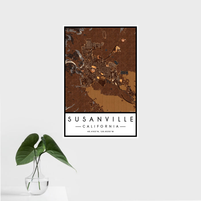 16x24 Susanville California Map Print Portrait Orientation in Ember Style With Tropical Plant Leaves in Water