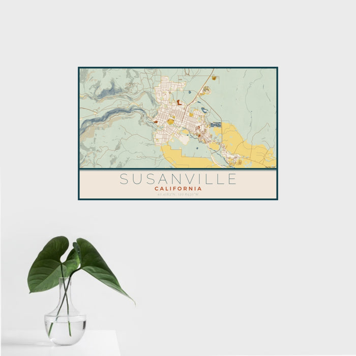16x24 Susanville California Map Print Landscape Orientation in Woodblock Style With Tropical Plant Leaves in Water