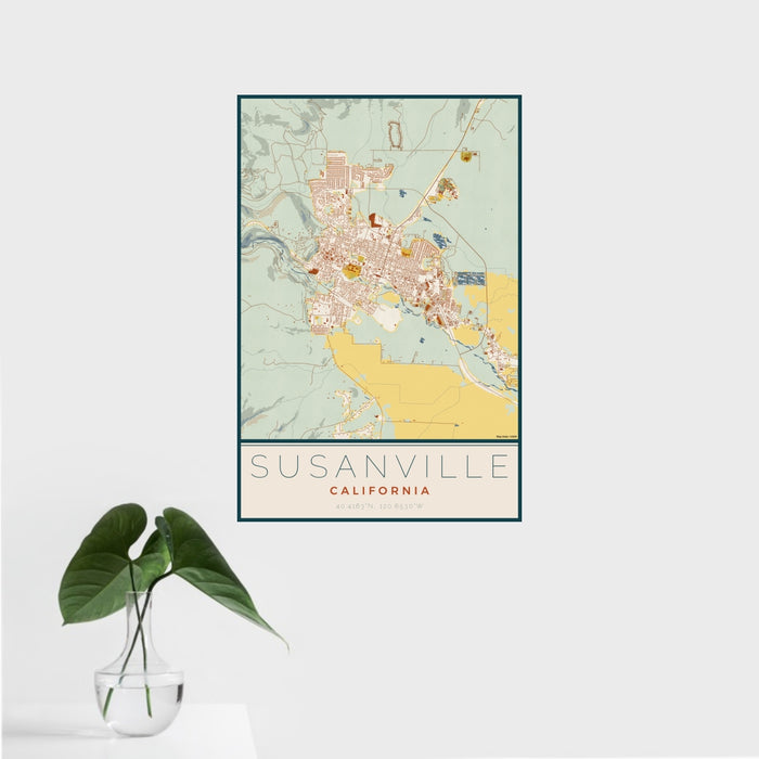 16x24 Susanville California Map Print Portrait Orientation in Woodblock Style With Tropical Plant Leaves in Water