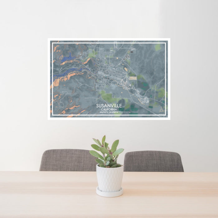 24x36 Susanville California Map Print Lanscape Orientation in Afternoon Style Behind 2 Chairs Table and Potted Plant