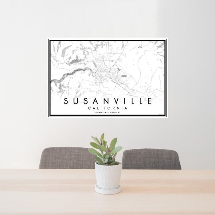 24x36 Susanville California Map Print Lanscape Orientation in Classic Style Behind 2 Chairs Table and Potted Plant