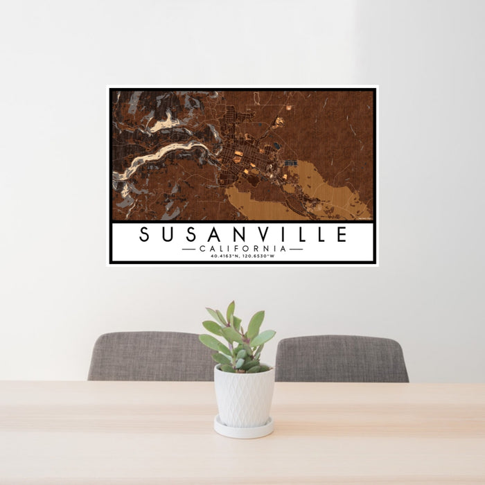 24x36 Susanville California Map Print Lanscape Orientation in Ember Style Behind 2 Chairs Table and Potted Plant