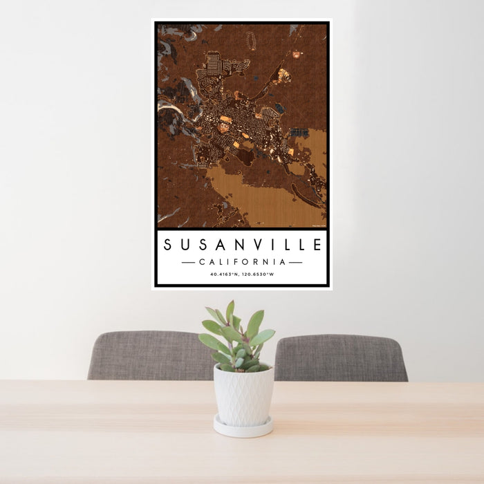 24x36 Susanville California Map Print Portrait Orientation in Ember Style Behind 2 Chairs Table and Potted Plant