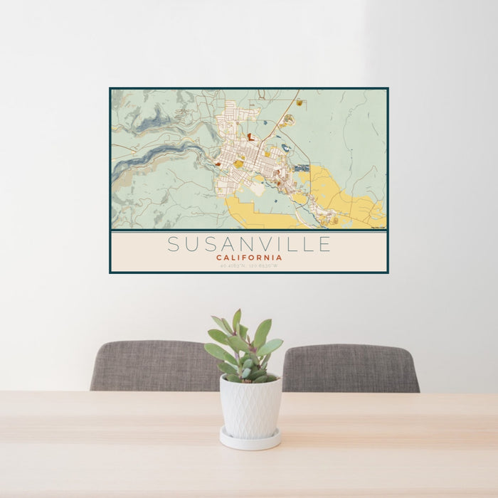 24x36 Susanville California Map Print Lanscape Orientation in Woodblock Style Behind 2 Chairs Table and Potted Plant