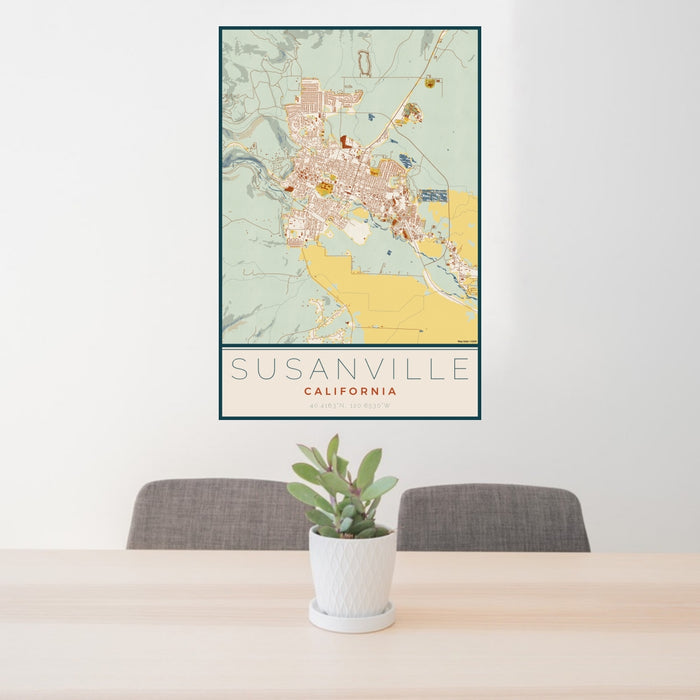 24x36 Susanville California Map Print Portrait Orientation in Woodblock Style Behind 2 Chairs Table and Potted Plant