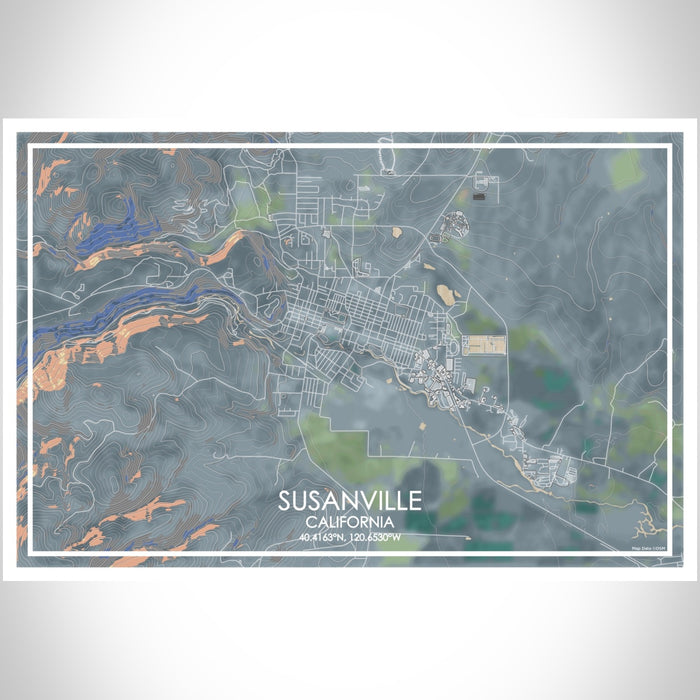 Susanville California Map Print Landscape Orientation in Afternoon Style With Shaded Background