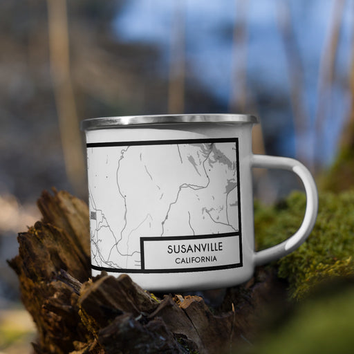 Right View Custom Susanville California Map Enamel Mug in Classic on Grass With Trees in Background