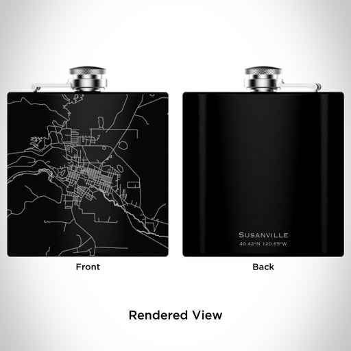 Rendered View of Susanville California Map Engraving on 6oz Stainless Steel Flask in Black