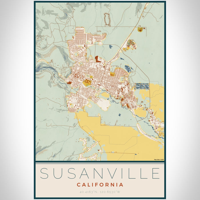 Susanville California Map Print Portrait Orientation in Woodblock Style With Shaded Background