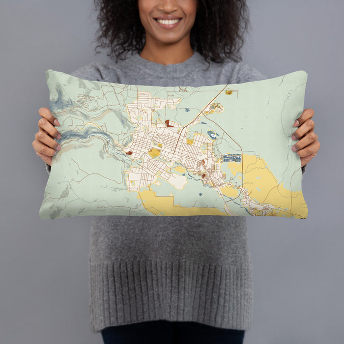 Person holding 20x12 Custom Susanville California Map Throw Pillow in Woodblock