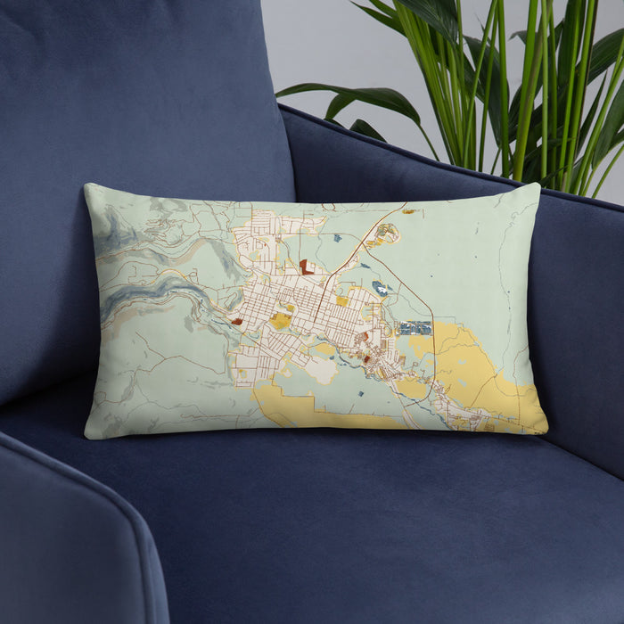 Custom Susanville California Map Throw Pillow in Woodblock on Blue Colored Chair