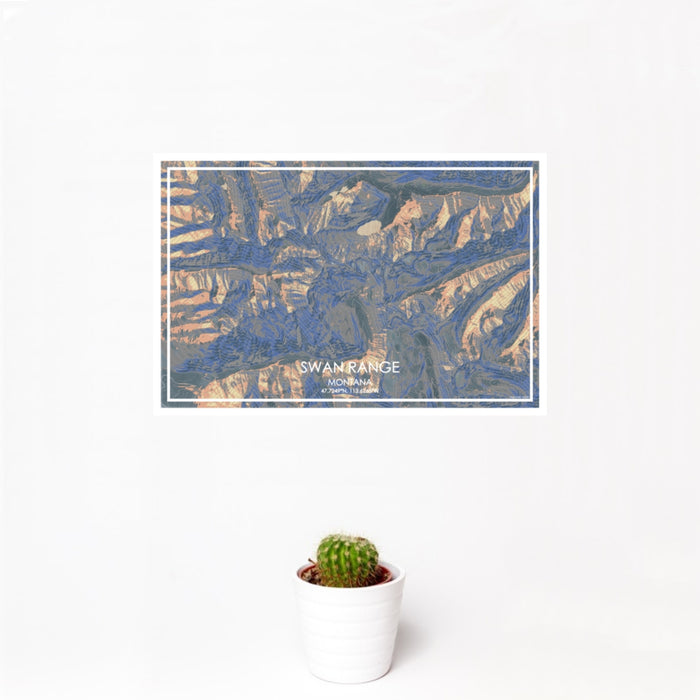 12x18 Swan Range Montana Map Print Landscape Orientation in Afternoon Style With Small Cactus Plant in White Planter