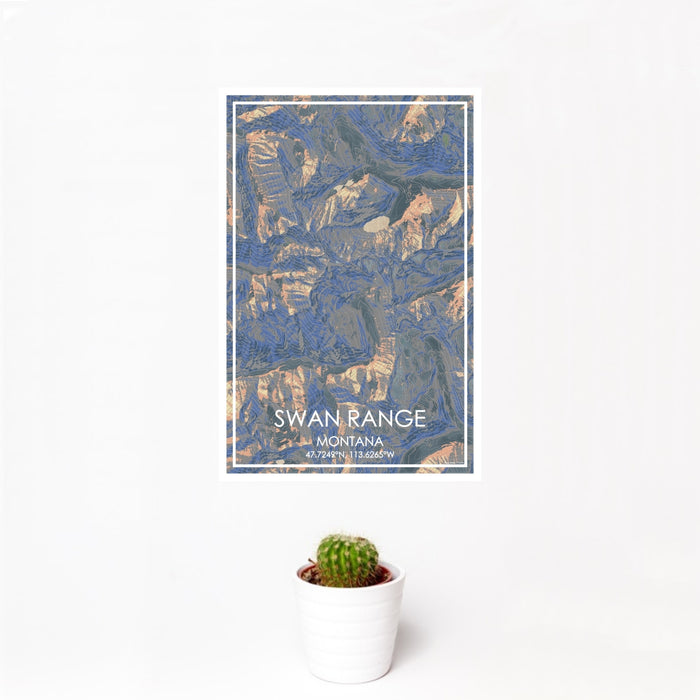 12x18 Swan Range Montana Map Print Portrait Orientation in Afternoon Style With Small Cactus Plant in White Planter