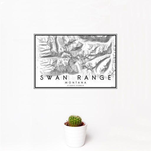 12x18 Swan Range Montana Map Print Landscape Orientation in Classic Style With Small Cactus Plant in White Planter