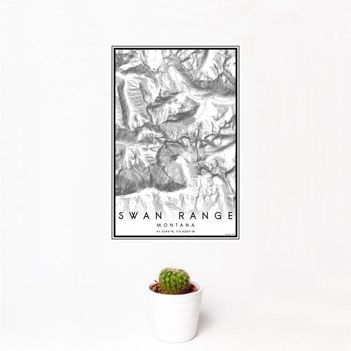 12x18 Swan Range Montana Map Print Portrait Orientation in Classic Style With Small Cactus Plant in White Planter