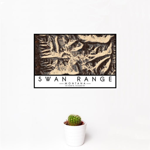12x18 Swan Range Montana Map Print Landscape Orientation in Ember Style With Small Cactus Plant in White Planter