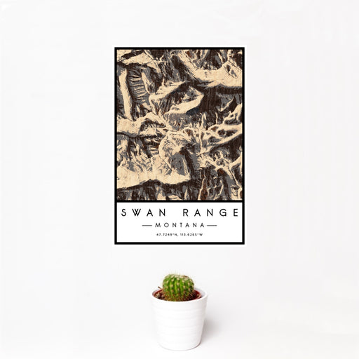 12x18 Swan Range Montana Map Print Portrait Orientation in Ember Style With Small Cactus Plant in White Planter