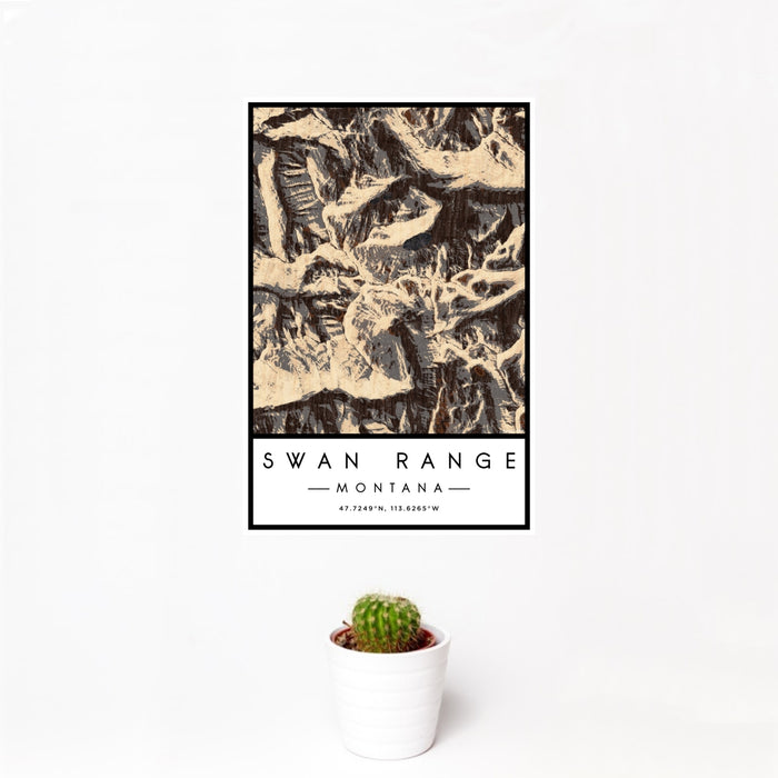 12x18 Swan Range Montana Map Print Portrait Orientation in Ember Style With Small Cactus Plant in White Planter