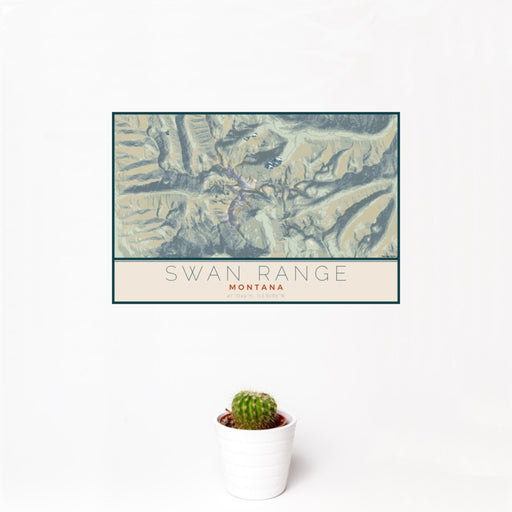 12x18 Swan Range Montana Map Print Landscape Orientation in Woodblock Style With Small Cactus Plant in White Planter