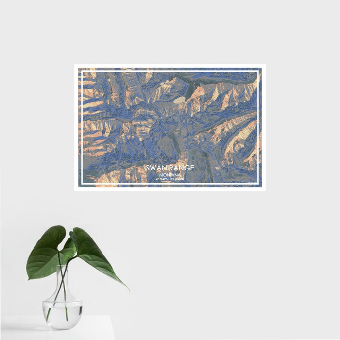 16x24 Swan Range Montana Map Print Landscape Orientation in Afternoon Style With Tropical Plant Leaves in Water