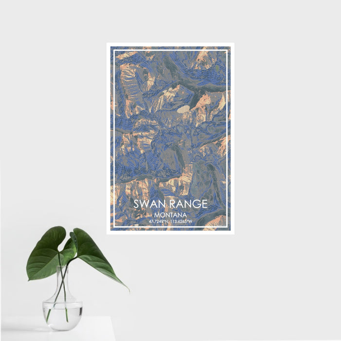16x24 Swan Range Montana Map Print Portrait Orientation in Afternoon Style With Tropical Plant Leaves in Water
