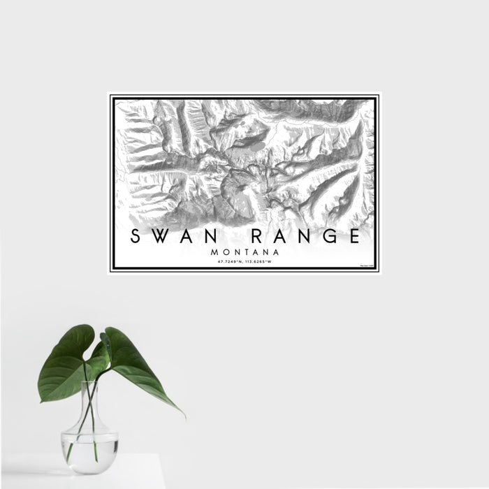 16x24 Swan Range Montana Map Print Landscape Orientation in Classic Style With Tropical Plant Leaves in Water
