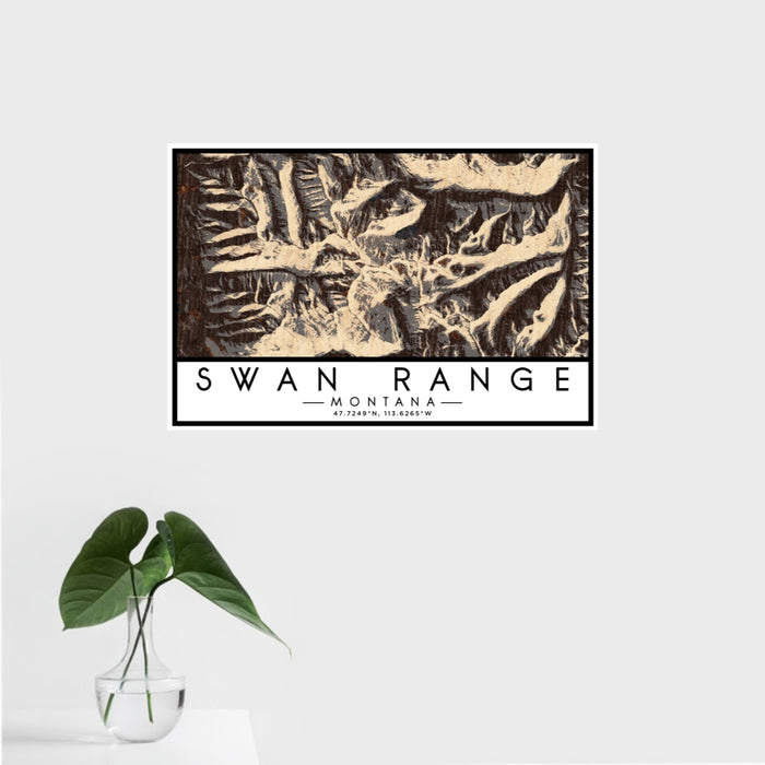 16x24 Swan Range Montana Map Print Landscape Orientation in Ember Style With Tropical Plant Leaves in Water