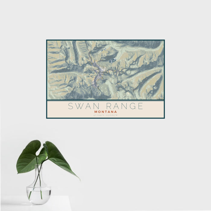 16x24 Swan Range Montana Map Print Landscape Orientation in Woodblock Style With Tropical Plant Leaves in Water