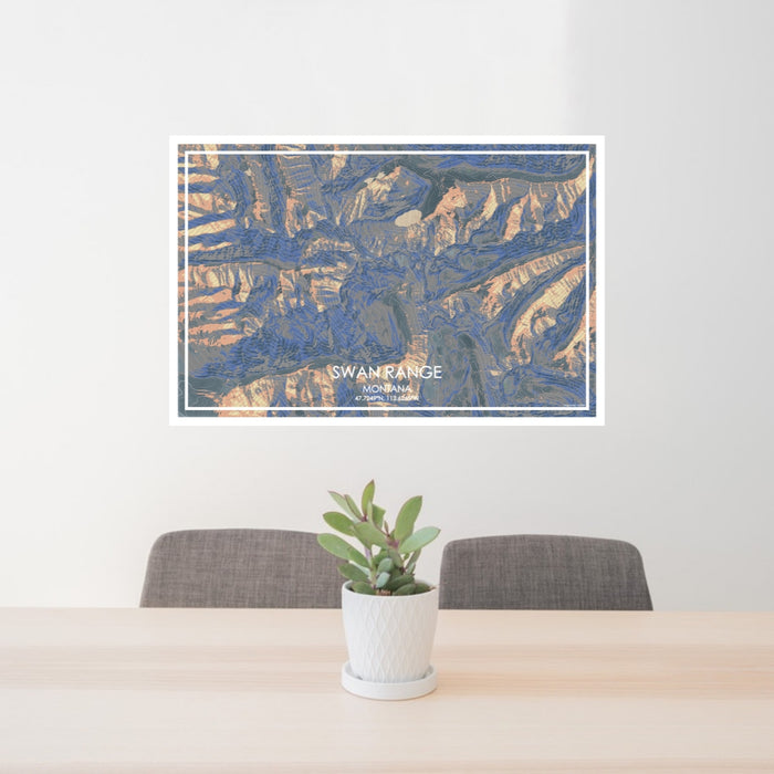 24x36 Swan Range Montana Map Print Lanscape Orientation in Afternoon Style Behind 2 Chairs Table and Potted Plant