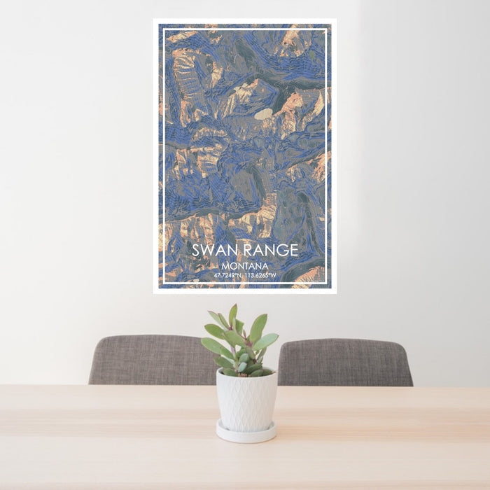 24x36 Swan Range Montana Map Print Portrait Orientation in Afternoon Style Behind 2 Chairs Table and Potted Plant